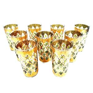 Vintage Culver Valencia Set 9 Highball Glasses 22K Gold Green Enamel Lattice MCM